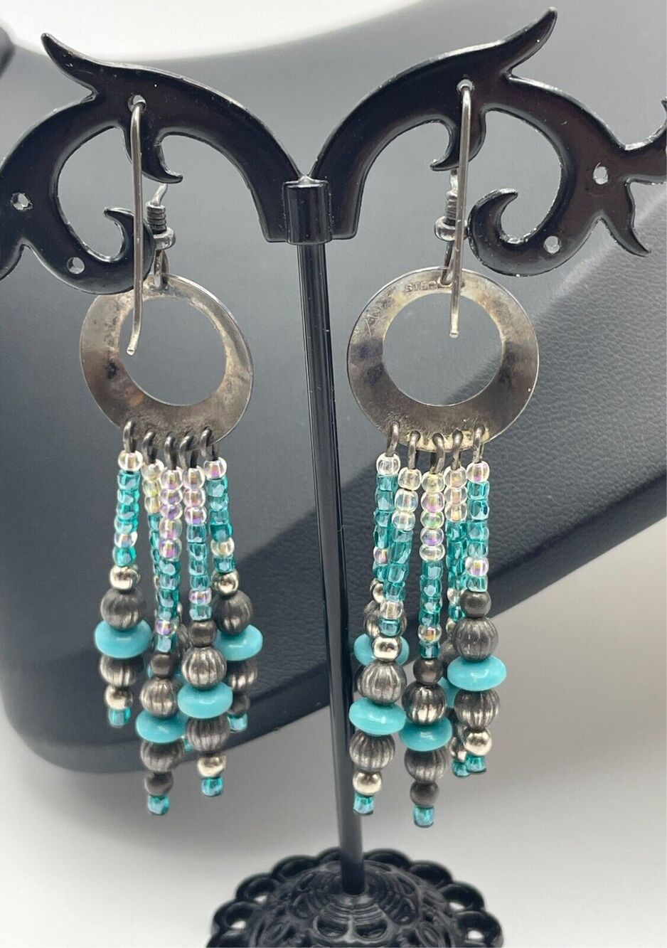 Sterling Silver Circle Southwest Style Beaded 3" Dangle Earrings 925 Ear Wires